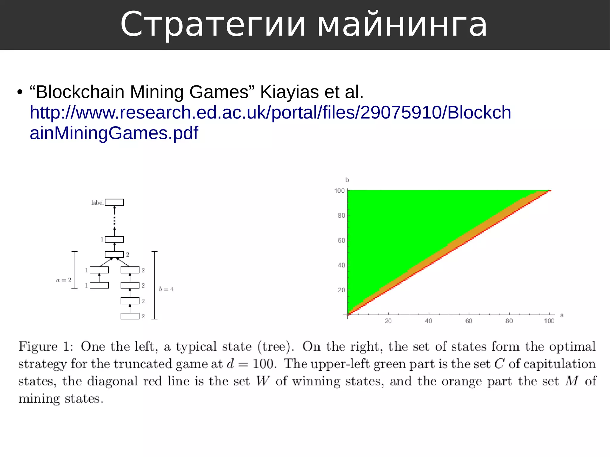 ● “Blockchain Mining Games” Kiayias et al.
http://www.research.ed.ac.uk/portal/files/29075910/Blockch
ainMiningGames.pdf
Стратегии майнинга
 