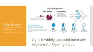 AgileAdoption
ViaVersionOne’s 11th AnnualState
of Agile Survey, Apr 2017
http://stateofagile.versionone.com/
Agile is widely accepted but many
orgs are still figuring it out.
 