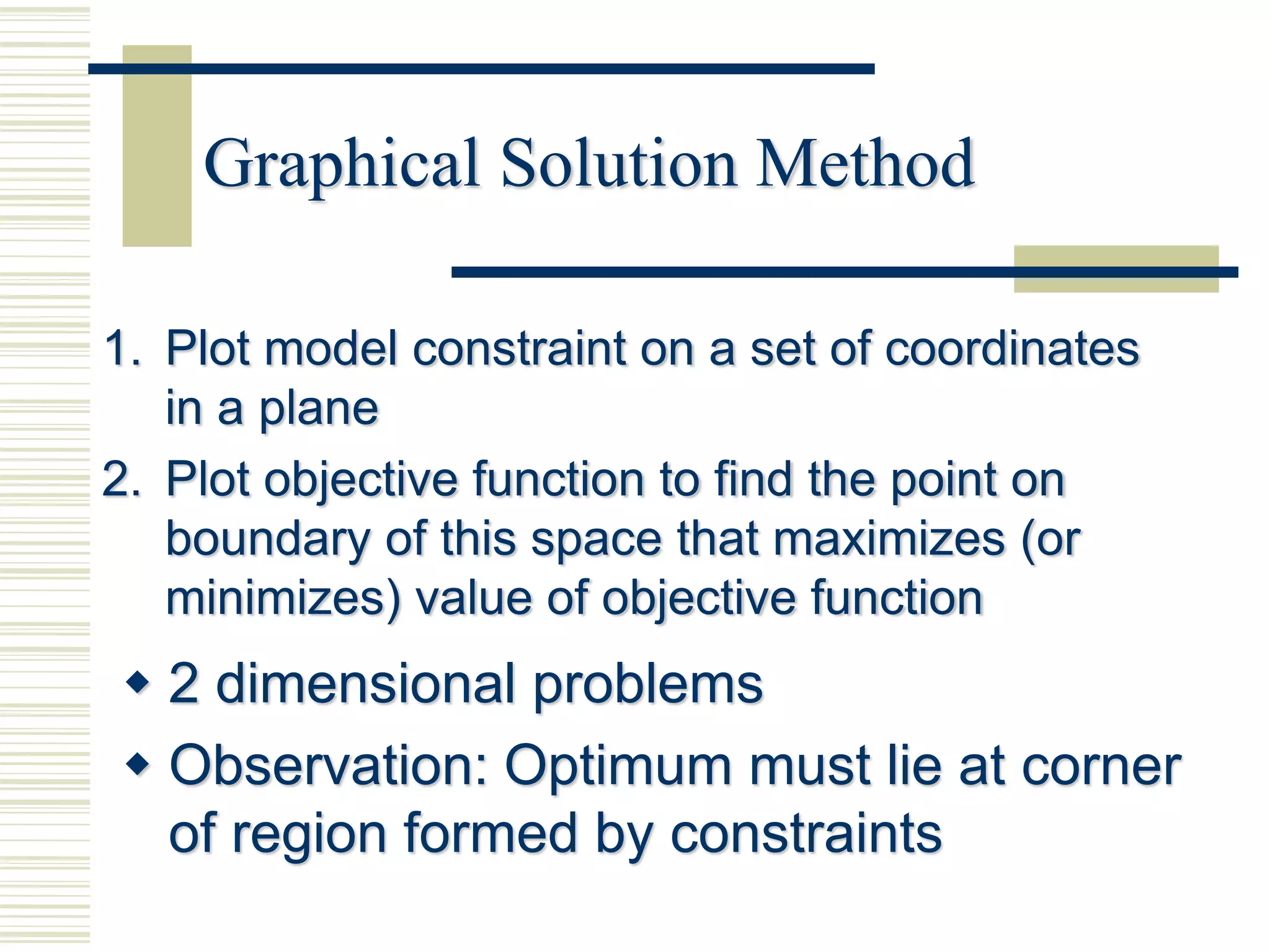 Graphical Solution Method
1. Plot model constraint on a set of coordinates
in a plane
2. Plot objective function to find the point on
boundary of this space that maximizes (or
minimizes) value of objective function
 2 dimensional problems
 Observation: Optimum must lie at corner
of region formed by constraints
 