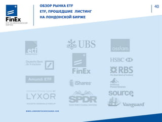 ОБЗОР РЫНКА ETF
ETF, ПРОШЕДШИЕ ЛИСТИНГ
НА ЛОНДОНСКОЙ БИРЖЕ
40
WWW.LONDONSTOCKEXCHANGE .COM
 