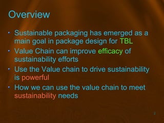 2
Overview
Sustainable packaging has emerged as a
main goal in package design for TBL
Value Chain can improve efficacy of
...