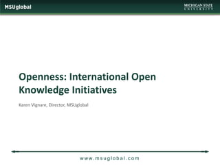 Openness: International Open
Knowledge Initiatives
Karen Vignare, Director, MSUglobal




                             w w w. m s u g l o b a l . c o m
 