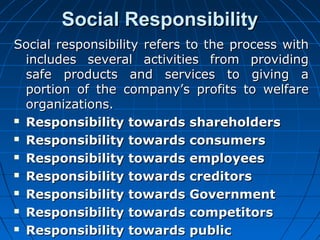 SSoocciiaall RReessppoonnssiibbiilliittyy 
SSoocciiaall rreessppoonnssiibbiilliittyy rreeffeerrss ttoo tthhee pprroocceessss wwiitthh 
iinncclluuddeess sseevveerraall aaccttiivviittiieess ffrroomm pprroovviiddiinngg 
ssaaffee pprroodduuccttss aanndd sseerrvviicceess ttoo ggiivviinngg aa 
ppoorrttiioonn ooff tthhee ccoommppaannyy’’ss pprrooffiittss ttoo wweellffaarree 
oorrggaanniizzaattiioonnss.. 
 RReessppoonnssiibbiilliittyy ttoowwaarrddss sshhaarreehhoollddeerrss 
 RReessppoonnssiibbiilliittyy ttoowwaarrddss ccoonnssuummeerrss 
 RReessppoonnssiibbiilliittyy ttoowwaarrddss eemmppllooyyeeeess 
 RReessppoonnssiibbiilliittyy ttoowwaarrddss ccrreeddiittoorrss 
 RReessppoonnssiibbiilliittyy ttoowwaarrddss GGoovveerrnnmmeenntt 
 RReessppoonnssiibbiilliittyy ttoowwaarrddss ccoommppeettiittoorrss 
 RReessppoonnssiibbiilliittyy ttoowwaarrddss ppuubblliicc 
 