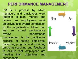 PM is a process by which
managers and employees work
together to plan, monitor and
review an employee’s work
objectives and overall contribution
to the organization. More than
just an annual performance
review, performance
management is the continuous
process of setting objectives,
assessing progress and providing
on-going coaching and feedback
to ensure that employees are
meeting their objectives and
career goals.
 