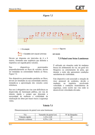 Manual de Obras
Rev1
7-2
Figura 7.2
Devem ser dispostas em intervalos de 4 a 8
metros, formando uma seqüência que delimite a
trajetória a ser seguida pelos veículos.
Nos dispositivos posicionados
perpendicularmente ao fluxo de veículos, devem
ser instaladas na extremidade lindeira ao fluxo,
Figura 7.2.
Nos dispositivos posicionados paralelos ao fluxo,
devem ser instaladas na sua extremidade anterior,
tomando-se a aproximação dos veículos como
referência.
Seu uso é obrigatório em vias com deficiência ou
desprovidas de iluminação pública, em vias de
trânsito rápido e sempre que detectada a
necessidade de melhorar a visibilidade da
sinalização de obras por trazer riscos à segurança
viária.
7.3 Painel com Setas Luminosas
É utilizado em situações onde há mudança
brusca do alinhamento da via, em geral nos
bloqueios ou estreitamento de pista, que
durante a noite não apresentem condições
satisfatórias de visibilidade.
Este dispositivo está associado a situação de
risco potencial de acidentes, devido a
mudança na trajetória, envolvendo
velocidade e condições insatisfatórias de
segurança, como ocorre nas vias onde se
desenvolvem velocidades elevadas.
Tabela 7.1
Dimensionamento do painel com setas luminosas
Via Tamanho do painel (m) Nº de lâmpadas
Trânsito rápido 1,10 x 2,20 20
Arterial e coletora 0,70 x 1,50 16
 