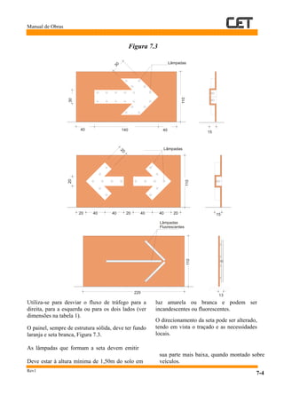 Manual de Obras
Rev1
7-4
Figura 7.3
medidas em metros
Utiliza-se para desviar o fluxo de tráfego para a
direita, para a esquerda ou para os dois lados (ver
dimensões na tabela 1).
O painel, sempre de estrutura sólida, deve ter fundo
laranja e seta branca, Figura 7.3.
As lâmpadas que formam a seta devem emitir
luz amarela ou branca e podem ser
incandescentes ou fluorescentes.
O direcionamento da seta pode ser alterado,
tendo em vista o traçado e as necessidades
locais.
Deve estar à altura mínima de 1,50m do solo em
sua parte mais baixa, quando montado sobre
veículos.
Lâmpadas
30
30
40 40
15
140
110
Lâmpadas
20
20
20 20 2040 4040 40 15
110
Lâmpadas
Fluorescentes
110
220
13
 