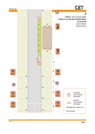 Manual de Obras
Rev.1
10-4
3
OBRA NA CALÇADA
CIRCULAÇÃO DE PEDESTRES
via arterial
pista simples
sentido único
6
35505050150
A150m
A300m
A150m
A300m
A50m
cavalete
com cúpula
luminosa
tapume
com cúpula
luminosa
medidas em metro (m)
sem escala
 