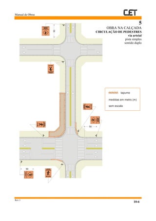 Manual de Obras
Rev.1
10-6
5
OBRA NA CALÇADA
CIRCULAÇÃO DE PEDESTRES
via arteial
pista simples
sentido duplo
tapume
medidas em metro (m)
sem escala
50
50
50
A50m
 