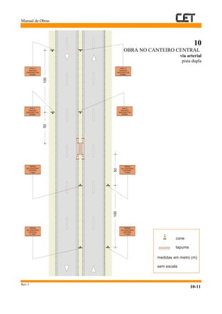 Manual de Obras
Rev.1
10-11
10
OBRA NO CANTEIRO CENTRAL
via arterial
pista dupla
tapume
cone
medidas em metro (m)
sem escala
10050
10050
OBRAS
NOCANTEIRO
CENTRAL
A150m
OBRAS
NO CANTEIRO
CENTRAL
A 150m
OBRAS
NOCANTEIRO
CENTRAL
A50m
OBRAS
NO CANTEIRO
CENTRAL
A 50m
OBRAS
NOCANTEIRO
CENTRAL
A150m
OBRAS
NO CANTEIRO
CENTRAL
A 50m
OBRAS
NO CANTEIRO
CENTRAL
A 150m
OBRAS
NOCANTEIRO
CENTRAL
A50m
 