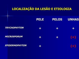 LOCALIZAÇÃO DA LESÃO E ETIOLOGIA


                 PELE    PELOS   UNHAS

TRYCHOPHYTON      +        +           +

MICROSPORUM       +        +       (+)

EPIDERMOPHYTON    +                (+)
 