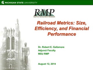  Michigan State University, 2013 
Railroad Metrics: Size, 
Efficiency, and Financial 
Performance 
Dr. Robert E. Gallamore 
Adjunct Faculty 
MSU RMP 
August 12, 2014 
 