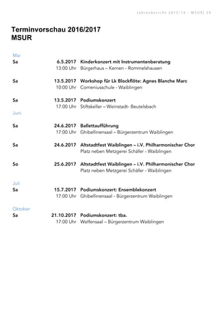Terminvorschau 2016/2017
MSUR
Mai
Sa 6.5.2017 Kinderkonzert mit Instrumentenberatung
13:00 Uhr Bürgerhaus – Kernen - Rommelshausen
Sa 13.5.2017 Workshop für Lk Blockflöte: Agnes Blanche Marc
10:00 Uhr Comeniusschule - Waiblingen
Sa 13.5.2017 Podiumskonzert
17:00 Uhr Stiftskeller – Weinstadt- Beutelsbach
Juni
Sa 24.6.2017 Ballettaufführung
17:00 Uhr Ghibellinensaal – Bürgerzentrum Waiblingen
Sa 24.6.2017 Altstadtfest Waiblingen – i.V. Philharmonischer Chor
Platz neben Metzgerei Schäfer - Waiblingen
So 25.6.2017 Altstadtfest Waiblingen – i.V. Philharmonischer Chor
Platz neben Metzgerei Schäfer - Waiblingen
Juli
Sa 15.7.2017 Podiumskonzert: Ensemblekonzert
17:00 Uhr Ghibellinensaal - Bürgerzentrum Waiblingen
Oktober
Sa 21.10.2017 Podiumskonzert: tba.
17:00 Uhr Welfensaal – Bürgerzentrum Waiblingen
J a h r e s b e r i c h t 2 0 1 5 / 1 6 - M S U R | 3 9
 