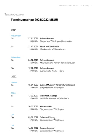 Terminvorschau
Terminvorschau 2021/2022 MSUR
2
20
02
21
1
November
S
Sa
a 2
27
7.
.1
11
1.
.2
20
02
21
1 A
Ad
dv
ve
en
nt
ts
sk
ko
on
nz
ze
er
rt
t
16:00 Uhr Bürgerhaus Waiblingen-Hohenacker
S
Sa
a 2
27
7.
.1
11
1.
.2
20
02
21
1 M
Mu
us
si
ik
k i
im
m O
Ob
be
en
nh
hi
in
na
au
us
s
16:00 Uhr Musikerheim MV Beutelsbach
Dezember
S
Sa
a 0
04
4.
.1
12
2.
.2
20
02
21
1 A
Ad
dv
ve
en
nt
ts
sk
ko
on
nz
ze
er
rt
t
16:00 Uhr Mauritiuskirche Kernen Rommelshausen
S
So
o 1
12
2.
.1
12
2.
.2
20
02
21
1 A
Ad
dv
ve
en
nt
ts
sk
ko
on
nz
ze
er
rt
t
17:00 Uhr evangelische Kirche – Korb
2
20
02
22
2
Januar
S
Sa
a 1
15
5.
.0
01
1 2
20
02
22
2 J
Ju
ug
ge
en
nd
d M
Mu
us
si
iz
zi
ie
er
rt
t V
Vo
or
rb
be
er
re
ei
it
tu
un
ng
gs
sk
ko
on
nz
ze
er
rt
t
17:00 Uhr Bürgerzentrum Waiblingen
März
S
Sa
a 1
13
3.
.0
03
3.
.2
20
02
22
2 W
We
ei
in
ns
st
ta
ad
dt
t J
Ja
az
zz
zt
ta
ag
ge
e
17:00 Uhr Jahnhalle Weinstadt-Endersbach
S
Sa
a 2
26
6.
.0
03
3 2
20
02
22
2 K
Ki
in
nd
de
er
rk
ko
on
nz
ze
er
rt
t
13:00 Uhr Bürgerzentrum Waiblingen
Juli
S
So
o 0
03
3.
.0
07
7 2
20
02
22
2 B
Ba
al
ll
le
et
tt
ta
au
uf
ff
fü
üh
hr
ru
un
ng
g
17:00 Uhr Bürgerzentrum Waiblingen
Juli
S
So
o 1
16
6.
.0
07
7 2
20
02
22
2 E
En
ns
se
em
mb
bl
le
ek
ko
on
nz
ze
er
rt
t
17:00 Uhr Bürgerzentrum Waiblingen
J a h r e s b e r i c h t 2 0 2 0 / 2 1 - M S U R | 2 3
 