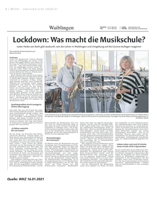 8 | M S U R - J a h r e s b e r i c h t 2 0 2 0 / 2 1
Lockdown: Was macht die Musikschule?
Leiter Heiko von Roth gibt Auskunft, wie die Lehrer in Waiblingen und Umgebung auf die Corona-Auflagen reagieren
drei Lehrkräfte von einer Infektion betrof-
fen. Glücklicherweise seien keine Folgein-
fektionen bei Schülern zu verzeichnen ge-
wesen, auch hätten sich durch die Nachver-
folgung des Gesundheitsamtes keine kriti-
schen Situationen ergeben, die weitere
Quarantänen verursachten. „Dies ist ein
deutlicher Hinweis, dass unsere Schutz-
maßnahmen mit Spuckschutzwänden, Ab-
standsregeln, Lüftungspausen und Einhal-
tung von Hygienestandards gegriffen ha-
ben.“
Sieben Lehrer und rund 50 Schüler
waren im Jahr 2020 in Quarantäne
Bei den Lehrkräften waren 2020 sieben Per-
sonen aufgrund von Quarantänen der eige-
nen Kinder vorsorglich in Quarantäne oder
wegen der Rückkehr aus einem zwischen-
zeitlich als Risikogebiet eingestuften Ur-
laubsgebiet in den Sommerferien. Bei den
Schülern waren rund 50 Personen betrof-
fen. Das lag an Quarantänen an den jeweils
besuchten allgemeinbildenden Schulen
oder an Infektionsfällen in den jeweiligen
Familien.
haben über diese ein digitales Hausaufga-
benheft, auf das auch die jeweilige Lehr-
kraft Zugriff haben kann. Die Evaluation
der sogenannten Betatestphase findet im
März statt. „Hiervon wird die Markteinfüh-
rung abhängen“, betont Heiko von Roth.
Grundsätzlich wird sich nach seiner Auf-
fassung neben dem Unterrichtsgeschehen
auch die gesamte Kommunikationsstruktur
von Musikschulen zeitgemäß digitalisieren
müssen. „Hierzu sind natürlich Investitio-
nen notwendig, die in Pandemiezeiten
schwer zu realisieren sind.“
Was mögliche Corona-Infektionen durch
den Musikschulunterricht angeht, haben
Heiko von Roth und seine Lehrkräfte seit
Ausbruch der Corona-Krise im März 2020
Glück gehabt. „Direkt auf das Unterrichts-
geschehen der Musikschule geht bislang
keine Corona-Infektion zurück“, stellt der
Musikschulleiter klar. Allerdings waren
von der gesamten Schülerschaft bislang
rund zwölf Schüler direkt von einer Coro-
na-Infektion betroffen. „Die entsprechen-
den Lehrkräfte wurden daraufhin getestet –
mit immer negativem Testergebnis.“
Aus der Lehrerschaft der Musikschule
waren nach Angaben von Heiko von Roth
Honorarkräfte der Musikschule seien fast
alle auch im Online-Unterricht tätig, so
dass auch hier kaum Verluste aus Sicht der
Lehrkräfte zu beklagen seien. „Die Frage,
ob Kurzarbeit beantragt werden sollte, hat
sich an der Musikschule Unteres Remstal
nie gestellt, da wir sehr zügig umfänglich in
Online-Formate gegangen sind.“
Veranstaltungen
als Livestream?
Im Moment plant die Musikschule erst mal
zweigleisig, was Veranstaltungen im Früh-
jahr 2021 anbelangt. Heiko von Roth und
seine Mitarbeiter überprüfen die Möglich-
keiten, Veranstaltungen beispielsweise als
Livestream stattfinden zu lassen, falls Prä-
senzveranstaltungen nur sehr einge-
schränkt oder überhaupt nicht stattfinden
können. Bereits vor Monaten hat die Pande-
mie an der Musikschule Unteres Remstal
die Digitalisierung vorangetrieben. So ist
sie beispielsweise eine von 15 Musikschulen
in Baden-Württemberg, die bei der App
„Erna“ der Firma Ernani aus dem
Schwarzwald mitmachen. Musikschüler
Von unserem Redaktionsmitglied
Bernd Klopfer
Waiblingen.
Leidet die Musikschule Unteres Remstal
unter den Bedingungen des harten Lock-
downs? Wie gehen Schüler und Lehrer mit
der Lage um? Fällt jetzt reihenweise Unter-
richt aus – oder kann durch Online-Ange-
bote viel aufgefangen werden? Unsere Zei-
tung hat Leiter Heiko von Roth gefragt,
welche Auswirkungen die Pandemie aktuell
auf den Betrieb hat. Klar ist: Präsenzunter-
richt ist derzeit nicht möglich.
Ende Oktober 2020 war das noch anders.
Allein am Standort in der Max-Eyth-Straße
in Waiblingen bekamen Schüler Präsenz-
unterricht in E-Gitarre, E-Bass, Schlag-
zeug, Saxofon und Pop- sowie Jazzklavier.
Während des Unterrichts kamen Spuck-
schutzrollos zum Einsatz, die zwischen
Schülern und Lehrern für den nötigen
Schutz vor Corona sorgen sollten. In den
ersten 20 Unterrichtsminuten wurde das
Fenster gekippt – und danach bis zum
Schluss ganz geöffnet. In den folgenden
zehn Minuten Pause blieb das Fenster wei-
ter auf. Aktuell reicht das natürlich nicht
mehr – und darum gibt es nun laut Heiko
von Roth bis auf Ballett alle Angebote der
Musikschule online.
Qualitätsproblem durch verzögerte
Online-Übertragung
Das heißt, dass circa 95 Prozent des Ange-
botes online stattfinden können. „Natürlich
muss einschränkend gesagt werden, dass
Ensembleangebote in Online-Formaten
nicht dauerhaft zufriedenstellend laufen
können“, gibt Heiko von Roth zu. Hier sei
der Präsenzunterricht einfach nicht gleich-
wertig zu ersetzen. Das liegt nicht zuletzt
an technischen Verzögerungen bei Übertra-
gungen über das Internet.
„Es fehlen natürlich
die Live-Events“
Bei der Frage, wie Kursleiter den Online-
Unterricht gestalten, verweist Heiko von
Roth darauf, dass die gewählte Methode je
nach Unterrichtsinhalt anders ist. „Es gibt
also einen Mix aus Live-Unterricht und
vom Schüler wie auch vom Lehrer vorberei-
teten Videos.“ Noch, betont der Musik-
schulchef, sei die Stimmung bei Schülern
als auch Lehrkräften gut. Wie lange sich
diese Stimmung aufrechterhalten lasse,
werde sicherlich von der Länge des Lock-
downs abhängen. „Es fehlen natürlich die
Live-Events in Form von Konzerten und
Vorspielen. Hier haben wir ein paar Online-
Konzerte – nicht öffentlich – gemacht, um
die Motivation zu halten.“
Was mögliche Gehaltsverluste der Lehr-
kräfte angeht, verweist Heiko von Roth da-
rauf, dass es diesbezüglich wenig Ausfälle
gebe. Die fest angestellten Lehrkräfte hät-
ten bislang keine Gehaltseinbußen – und die
In der Pandemie muss die Musikschule Unteres Remstal Neues ausprobieren: Leiter Heiko von Roth und Mitarbeiterin Ruth Sabadinowitsch im Oktober 2020 in
den Räumen in der Max-Eyth-Straße 25 in Waiblingen. Getrennt sind sie durch ein Spuckschutzrollo, das wegen Corona als Schutz zum Einsatz gekommen ist.
Archivfoto: Büttner
Alle werden die
Fundgrube vermissen
Betrifft Artikel „Diakonie schließt Fund-
grube-Läden“ vom 19. Dezember und
Leserbrief „Auch die Diakonie muss sich
anpassen“ vom 7. Januar:
Auch ich war ein interessierter Nutzer
dieser Angebote – nur halt als Konsu-
ment. Ihre Abwicklung bedauere ich
sehr.
Dennoch muss ich Herrn Reder recht
geben: Ein Sozialunternehmen, wie jede
Behinderteneinrichtung eines ist, darf
die ihr anvertrauten Gelder nur nutzen,
um sie ihren Bewohner/-innen zugute-
kommen zu lassen. Nur: Als früherer
Hausleiter eines schwierigen Bereichs,
wie es der Schlossberg war, muss er doch
wissen, wie wichtig und in vielen Fällen
unverzichtbar Arbeitsmöglichkeiten für
manche Menschen mit geistigen Behin-
derungen an der frischen Luft sind und
waren! Bewegung, Kontakt mit dem Le-
bendigen, Schwere der körperlichen Ar-
beit, ungewöhnliche Arbeitszeiten, das
Durchhalten in Hitze, Kälte und der
Lesermeinung
Erste Impfungen im Pflegestift
Team des Robert-Bosch-Klinikums impft Waiblinger Heimbewohner gegen Corona
Waiblingen (bkl).
Im Pflegestift Waiblingen am Kätzenbach
sind am Freitag, 15. Januar, die ersten Be-
wohner und Mitarbeiter gegen das Corona-
virus geimpft worden. Das Heim ist Teil des
Esslinger Sozialunternehmens „Dienste für
Menschen“ (DfM), das insgesamt 1700 Men-
schen in 24 Pflegeheimen betreut und etwa
1900 Mitarbeiter hat. Rund 1000 Impfungen
haben laut Pressesprecherin Heike Schnei-
der mittlerweile in DfM-Einrichtungen
stattgefunden – und ein Teil davon nun
auch in Waiblingen.
80 Bewohner des Pflegestifts am Kätzen-
bach haben sich zur Impfung am Freitag,
15. Januar, und Samstag, 16. Januar, bereit-
erklärt. Eigentlich wollten 82 Bewohner,
doch zwei befinden sich derzeit im Kran-
kenhaus und können daher den Termin
nicht wahrnehmen. Das mobile Impfteam
des Robert-Bosch-Klinikums impft übri-
gens nur jene, die noch nicht an Corona er-
krankt gewesen sind – wodurch manche Be-
wohner und Mitarbeiter nicht zum Zug
stelle: 9
ahme:
mmüll.
Uhr am
Markt-
.
n zu ver-
r Bestel-
n
ar
Waiblin-
50 27.
ommels-
51/
den,
ag und
xis im
Jakobs-
allpraxis
de zu er-
ohne
orndorf:
23 Uhr,
Schlichte-
116 117.
nst,
Am Ja-
eiertag
er Notfal-
xis am
rgstraße
Hals-Na-
56, je-
und ju-
und
Uhr, feier-
am da-
anzräu-
m Rems-
sweg 1,
36 14
orwahl).
n
n Waib-
r Werk-
tsschu-
bschluss
über die
nd Aus-
ual) ein:
det der
fonisch
e Bera-
möglich
erbliche
swn.de)
männi-
00 bzw.
er 0 71
um alle
sen der
en und
e der 9.
denden
ch über
m mitt-
mieren.
ndliche
bschluss
der mo-
in einer
In zwei
h
Waiblingen TELEFON 07151 566-576
FAX 07151 566-402
E-MAIL waiblingen@zvw.de
ONLINE www.waiblinger-kreiszeitung.de
2021
Quelle: WKZ 16.01.2021
 