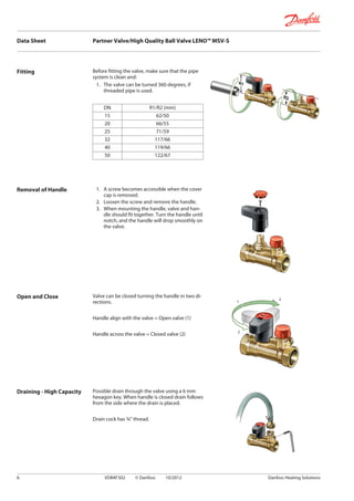 Fitting Before fitting the valve, make sure that the pipe
system is clean and:
1. The valve can be turned 360 degrees, if
threaded pipe is used.
DN R1/R2 (mm)
15 62/50
20 66/55
25 71/59
32 117/66
40 119/66
50 122/67
Removal of Handle 1. A screw becomes accessible when the cover
cap is removed.
2. Loosen the screw and remove the handle.
3. When mounting the handle, valve and han-
dle should fit together. Turn the handle until
notch, and the handle will drop smoothly on
the valve.
Open and Close Valve can be closed turning the handle in two di-
rections.
Handle align with the valve = Open valve (1)
Handle across the valve = Closed valve (2)
Draining - High Capacity Possible drain through the valve using a 6 mm
hexagon key. When handle is closed drain follows
from the side where the drain is placed.
Drain cock has ¾” thread.
Data Sheet Partner Valve/High Quality Ball Valve LENO™ MSV-S
6 VDB4F302 © Danfoss 10/2012 Danfoss Heating Solutions
 