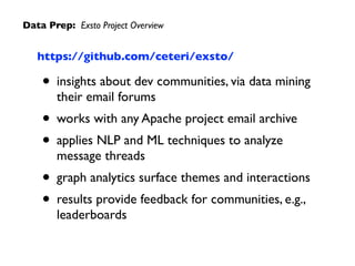 Data Prep: Exsto Project Overview
https://github.com/ceteri/exsto/
• insights about dev communities, via data mining
their email forums
• works with any Apache project email archive
• applies NLP and ML techniques to analyze
message threads
• graph analytics surface themes and interactions
• results provide feedback for communities, e.g.,
leaderboards
 