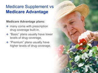 Medicare Supplement vs
Medicare Advantage

Medicare Advantage plans:
 many come with prescription
  drug coverage built-in,
 “Basic” plans usually have lower
  levels of drug coverage,
 “Premium” plans usually have
  higher levels of drug coverage.
 