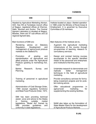 FARMERS
DMI NIAM
Headed by Agriculture Marketing Advisor,
GOI. Has HO at Faridabad, branch office
at Nagpur, registered offices at Chennai,
Delhi, Mumbai and Guntur. The Central
Agmark Laboratory is situated at Nagpur.
Besides, there are 57 sub-offices and 22
regional Agmark labs.
Institute located at Jaipur. Started operation
in 1988 under the Ministry of Rural Areas &
Employment. It is governed by Executive
Committee of 30 members
Main functions of DMI are: Main features of the Institute are to,
- Rendering advice on Statutory
Regulation, Development and
management of agricul-tural produce
markets to the States/UTs.
- Augment the agricultural marketing
infrastructure of the country through
pro-grammes of teaching, research &
con-sultancy services.
- Promotion of grading and
standardisation -of agricultural and
allied products under the Agricultural
Produce (grading & mar-keting) Act,
1937.
- Design and conduct training courses
ap-propriate to the specific identified
needs of the personnel and enterprises
and in-stitutions that they serve.
- Market Research, Survey and
Planning.
- Undertake research to demonstrate and
replicate better management
techniques in the field of agricultural
marketing.
- Training of personnel in agricultural
marketing.
- Provide consultancy services for formu-
lating investment projects and for prob-
lem solving advice.
- Administration of Cold Storage Order,
-1980 (except regulatory functions)
and Meat Food Products Order, 1973.
- Offer educational programmes in
agricul-tural marketing for
supplementing the existing facilities.
- DMI has been providing technical
assist- -ance and advice to the States
in framing suitable market
legislations. 'Model Act' framed by
DMI provides guidelines and
uniformity in state legislations.
- NIAM also takes up the formulation of
State Master Plans for the development
of Agricultural Produce Markets.
B (49)
 