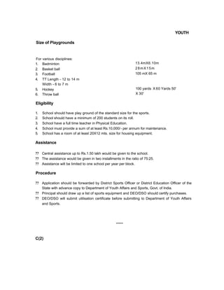YOUTH
Size of Playgrounds
For various disciplines:
1. Badminton
2. Basket ball
3. Football
4. TT Length - 12 to 14 m
Width - 6 to 7 m
5. Hockey
6. Throw ball
Eligibility
1. School should have play ground of the standard size for the sports.
2. School should have a minimum of 200 students on its roll.
3. School have a full time teacher in Physical Education.
4. School must provide a sum of at least Rs.10,000/- per annum for maintenance.
5. School has a room of at least 20X12 mts. size for housing equipment.
Assistance
?? Central assistance up to Rs.1.50 lakh would be given to the school.
?? The assistance would be given in two installments in the ratio of 75:25.
?? Assistance will be limited to one school per year per block.
Procedure
?? Application should be forwarded by District Sports Officer or District Education Officer of the
State with advance copy to Department of Youth Affairs and Sports, Govt. of India.
?? Principal should draw up a list of sports equipment and DEO/DSO should certify purchases.
?? DEO/DSO will submit utilisation certificate before submitting to Department of Youth Affairs
and Sports.
*****
C(2)
13.4mX6.10m
28mX15m
105 mX 65 m
100 yards X 60 Yards 50'
X 30'
 