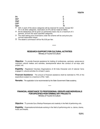 YOUTH
PH 6
DEF 8
PMP 8
OSP 3
Open 75
?? 33% in each of the above categories will be reserved for women. Except SC/
ST in all other categories, reservation of 27% will be made for OBCs.
?? All the dealerships will be given on partnership basis only to a maximum of 3
partners, all from the same specified categories.
?? The retail seliing price of kerosene under the scheme will be cost price plus
norrmal reasonable margin.
?? The dealer's commission will be Rs.0.50 per liter.
*****
RESEARCH SUPPORT FOR CULTURAL ACTIVITIES
Ministry of Tourism & Culture
Objective : To provide financial assistance for holding of conferences, seminars, sympo-sia on
important cultural matters and activities, developmental nature like conduct of sur-veys, pilot
project, etc.
Eligibility : Registered Voluntary Organisations of All India Character and of national fame
engaged in cultural activities for at least 3 years.
Financial Assistance : The amount of financial assistance shall be restricted to 75% of the
expenditure subject to a maximum of Rs.1 lakh.
Remarks : The application to be recommended by the State Government/ State academy.
*****
FINANCIAL ASSISTANCE TO PROFESSIONAL GROUPS AND INDIVIDUALS
FOR SPECIFIED PERFORMING ART PROJECTS
Ministry of Tourism & Culture
Objective : To promote Guru Shishya Parampara and creativity in the field of performing arts.
Eligibility : Organisations/individuals working in the field of performing arts i.e. dance, drama,
music and theatre.
C(31)
 
