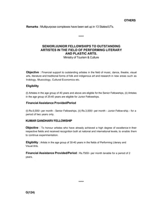 OTHERS
Remarks : Multipurpose complexes have been set up in 13 States/UTs.
*****
SENIOR/JUNIOR FELLOWSHIPS TO OUTSTANDING
ARTISTES IN THE FIELD OF PERFORMING LITERARY
AND PLASTIC ARTS.
Ministry of Tourism & Culture
Objective : Financial support to outstanding artistes in the field of music, dance, theatre, visual
arts, literature and traditional forms of folk and indigenous art and research in new areas such as
Indology, Musicology, Cultural Economics etc.
Eligibility
(I) Artistes in the age group of 40 years and above are eligible for the Senior Fellowships, (ii) Artistes
in the age group of 25-40 years are eligible for Junior Fellowships.
Financial Assistance Provided/Period
(I) Rs.6,000/- per month - Senior Fellowships. (ii) Rs.3,000/- per month - Junior Fellow-ship.- for a
period of two years only.
KUMAR GANDHARV FELLOWSHIP
Objective : To honour artistes who have already achieved a high degree of excellence in their
respective fields and received recognition both at national and intemational levels, to enable them
to continue experimentation.
Eligibility : Artists in the age group of 30-40 years in the fields of Performing Literary and
Visual Arts.
Financial Assistance Provided/Period : Rs.7500/- per month tenable for a period of 2
years.
*****
G(124)
 