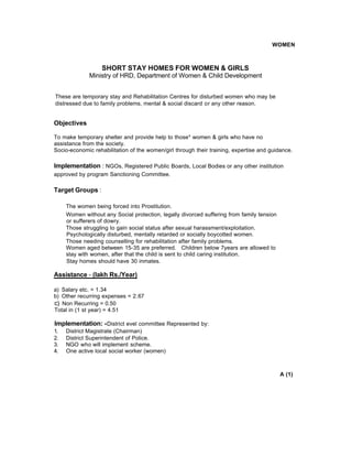WOMEN
SHORT STAY HOMES FOR WOMEN & GIRLS
Ministry of HRD, Department of Women & Child Development
These are temporary stay and Rehabilitation Centres for disturbed women who may be
distressed due to family problems, mental & social discard or any other reason.
Objectives
To make temporary shelter and provide help to those* women & girls who have no
assistance from the society.
Socio-economic rehabilitation of the women/girl through their training, expertise and guidance.
Implementation : NGOs, Registered Public Boards, Local Bodies or any other institution
approved by program Sanctioning Committee.
Target Groups :
The women being forced into Prostitution.
Women without any Social protection, legally divorced suffering from family tension
or sufferers of dowry.
Those struggling to gain social status after sexual harassment/exploitation.
Psychologically disturbed, mentally retarded or socially boycotted women.
Those needing counselling for rehabilitation after family problems.
Women aged between 15-35 are preferred. Children below 7years are allowed to
stay with women, after that the child is sent to child caring institution.
Stay homes should have 30 inmates.
Assistance - (lakh Rs./Year)
a) Salary etc. = 1.34
b) Other recurring expenses = 2.67
c) Non Recurring = 0.50
Total in (1 st year) = 4.51
Implementation: -District evel committee Represented by:
1. District Magistrate (Chairman)
2. District Superintendent of Police.
3. NGO who will implement scheme.
4. One active local social worker (women)
A (1)
 