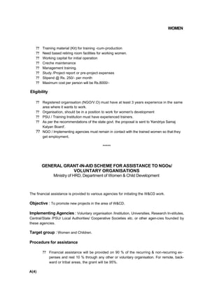 WOMEN
?? Training material (Kit) for training -cum-production
?? Need based retiring room facilities for working women.
?? Working capital for initial operation
?? Creche maintenance
?? Management training.
?? Study /Project report or pre-project expenses
?? Stipend @ Rs. 250/- per month
?? Maximum cost per person will be Rs.8000/-
Eligibility
?? Registered organisation (NGO/V.O) must have at least 3 years experience in the same
area where it wants to work.
?? Organisation, should be in a position to work for women's development
?? PSU / Training Institution must have experienced trainers.
?? As per the recommendations of the state govt. the proposal is sent to 'Kendriya Samaj
Kalyan Board'.
?? NGO / Implementing agencies must remain in contact with the trained women so that they
get employment.
*****
GENERAL GRANT-IN-AID SCHEME FOR ASSISTANCE TO NGOs/
VOLUNTARY ORGANISATIONS
Ministry of HRD, Department of Women & Child Development
The financial assistance is provided to various agencies for initiating the W&CD work.
Objective : To promote new projects in the area of W&CD.
Implementing Agencies : Voluntary organisation /Institution, Universities, Research In-stitutes,
Central/State /PSU/ Local Authorities/ Cooperative Societies etc. or other agen-cies founded by
these agencies.
Target group : Women and Children.
Procedure for assistance
?? Financial assistance will be provided on 90 % of the recurring & non-recurring ex-
penses and rest 10 % through any other or voluntary organisation. For remote, back-
ward or tribal areas, the grant will be 95%.
A(4)
 