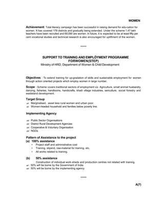 WOMEN
Achievement: Total literacy campaign has been successful in raising demand for edu-cation for
women. It has covered 178 districts and gradually being extended. Under the scheme 1.47 lakh
teachers have been recruited and 69,090 are women. In future, it is expected to be at least fifty per
cent vocational studies and technical research is also encouraged for upliftment of the women.
*****
SUPPORT TO TRAINING AND EMPLÖYMENT PROGRAMME
FORWOMEN(STEP)
Ministry of HRD, Department of Women & Child Development
Objectives : To extend training for up-gradation of skills and sustainable employment for women
through action oriented projects which employ women in large number.
Scope : Scheme covers traditional sectors of employment viz. Agriculture, small animal husbandry,
dairying, fisheries, handlooms, handicrafts, khadi village industries, sericulture, social forestry and
wasteland development.
Target Group
?? Marginalised, asset less rural women and urban poor.
?? Women-headed household and families below poverty line.
Implementing Agency
?? Public Sector Organisations
?? District Rural Development Agencies
?? Cooperative & Voluntary Organisation
?? NGOs
Pattern of Assistance to the project
(a) 100% assistance
• Project staff and administrative cost
• Training, stipend, raw-material for training, etc.
• All works related to training.
(b) 50% assistance
Construction of individual work-sheds and production centres not related with training.
?? 50% wil! be borne by the Government of India
?? 50% will be borne by the implementing agency
*****
A(7)
 