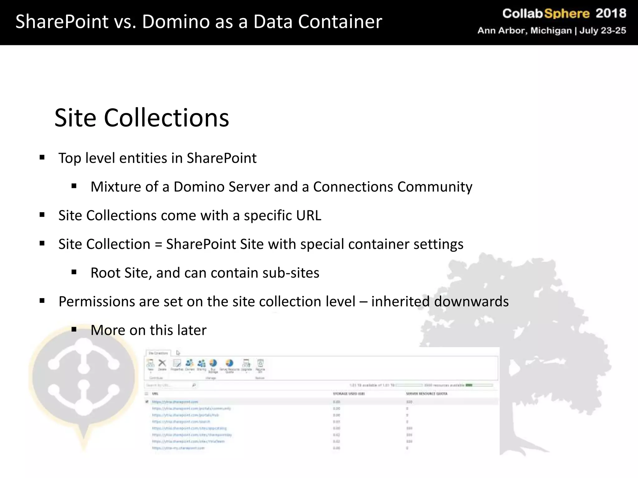 SharePoint vs. Domino as a Data Container
Site Collections
 Top level entities in SharePoint
 Mixture of a Domino Server and a Connections Community
 Site Collections come with a specific URL
 Site Collection = SharePoint Site with special container settings
 Root Site, and can contain sub-sites
 Permissions are set on the site collection level – inherited downwards
 More on this later
 