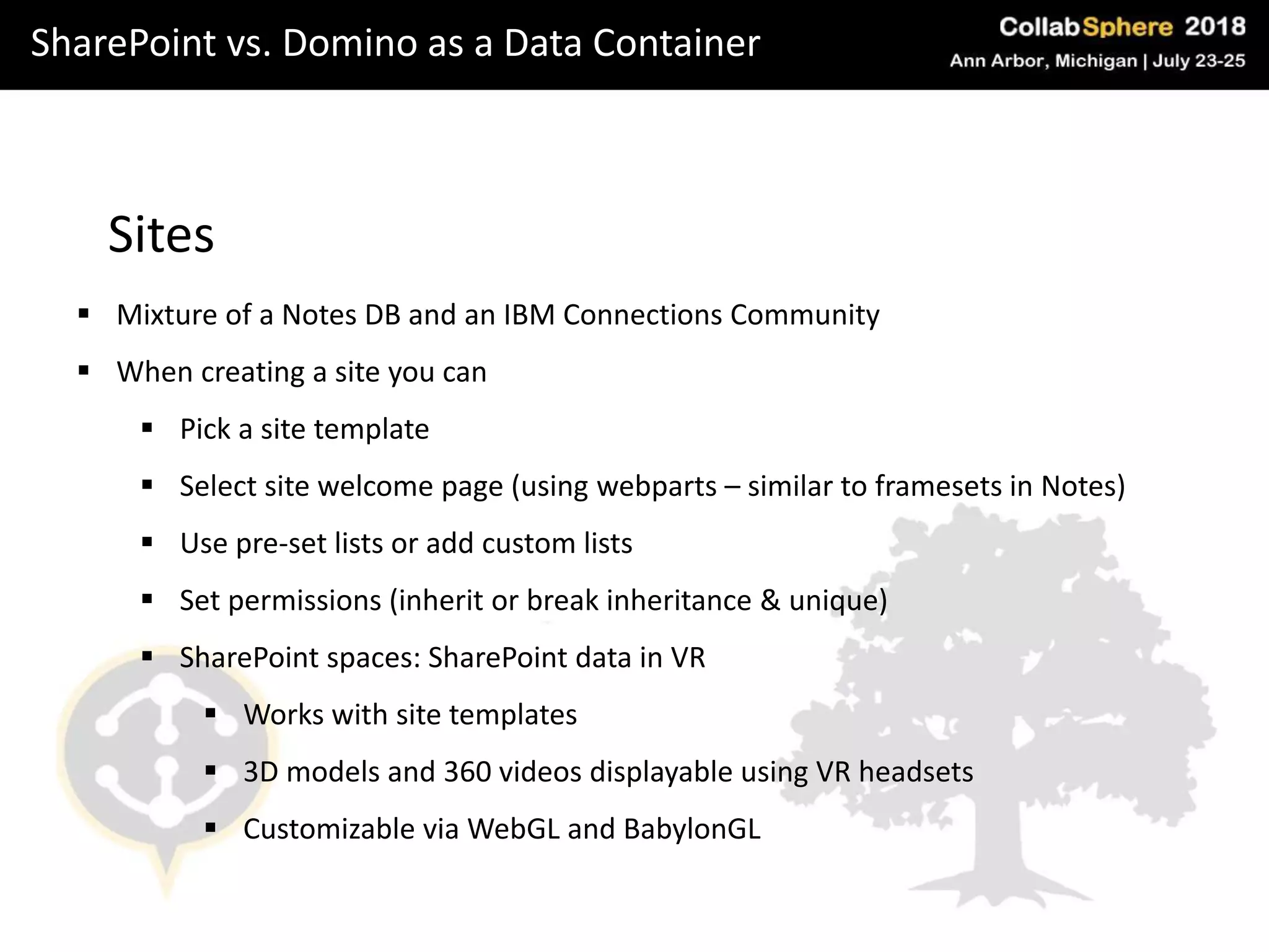 SharePoint vs. Domino as a Data Container
Sites
 Mixture of a Notes DB and an IBM Connections Community
 When creating a site you can
 Pick a site template
 Select site welcome page (using webparts – similar to framesets in Notes)
 Use pre-set lists or add custom lists
 Set permissions (inherit or break inheritance & unique)
 SharePoint spaces: SharePoint data in VR
 Works with site templates
 3D models and 360 videos displayable using VR headsets
 Customizable via WebGL and BabylonGL
 