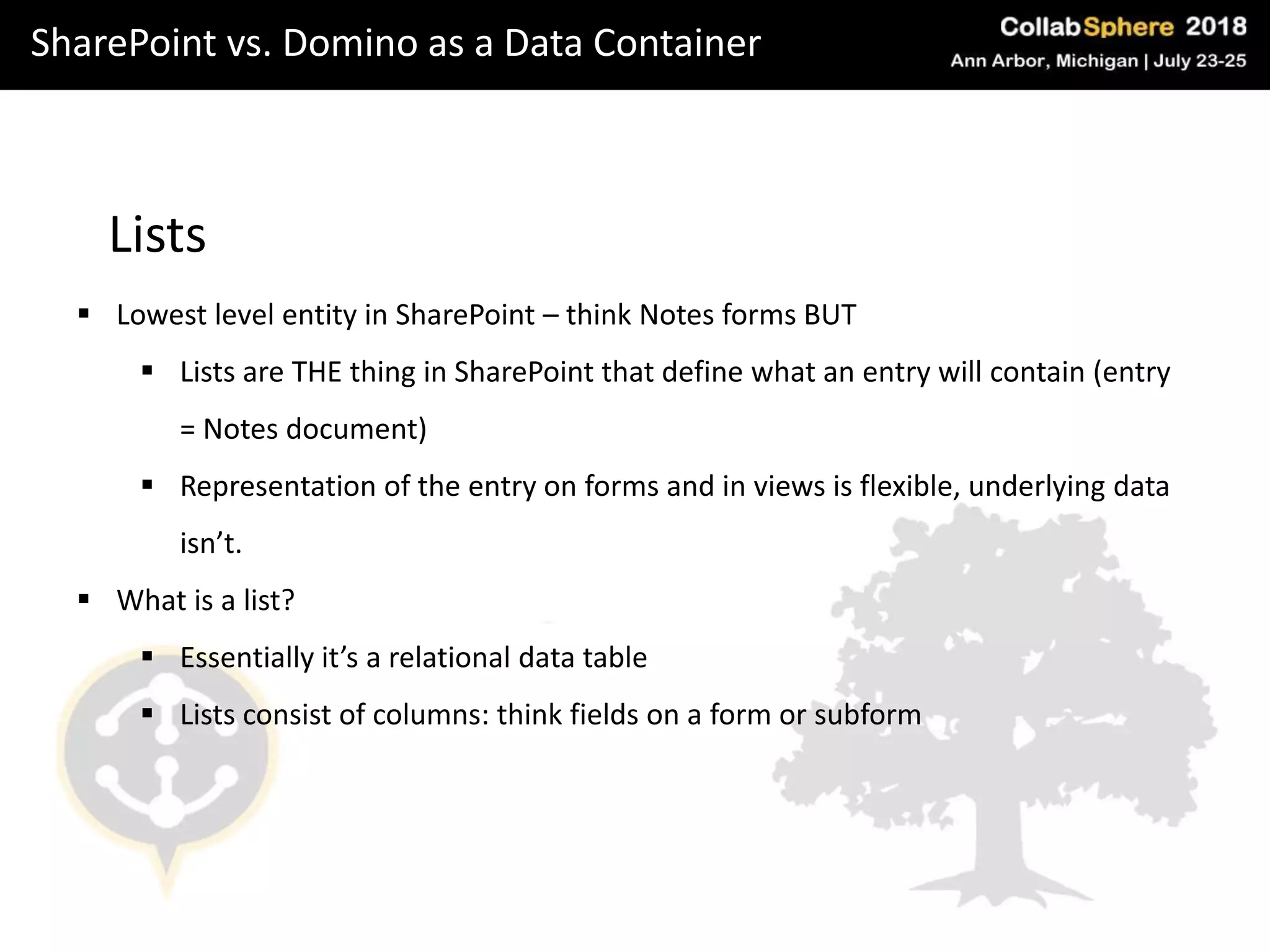 SharePoint vs. Domino as a Data Container
Lists
 Lowest level entity in SharePoint – think Notes forms BUT
 Lists are THE thing in SharePoint that define what an entry will contain (entry
= Notes document)
 Representation of the entry on forms and in views is flexible, underlying data
isn’t.
 What is a list?
 Essentially it’s a relational data table
 Lists consist of columns: think fields on a form or subform
 
