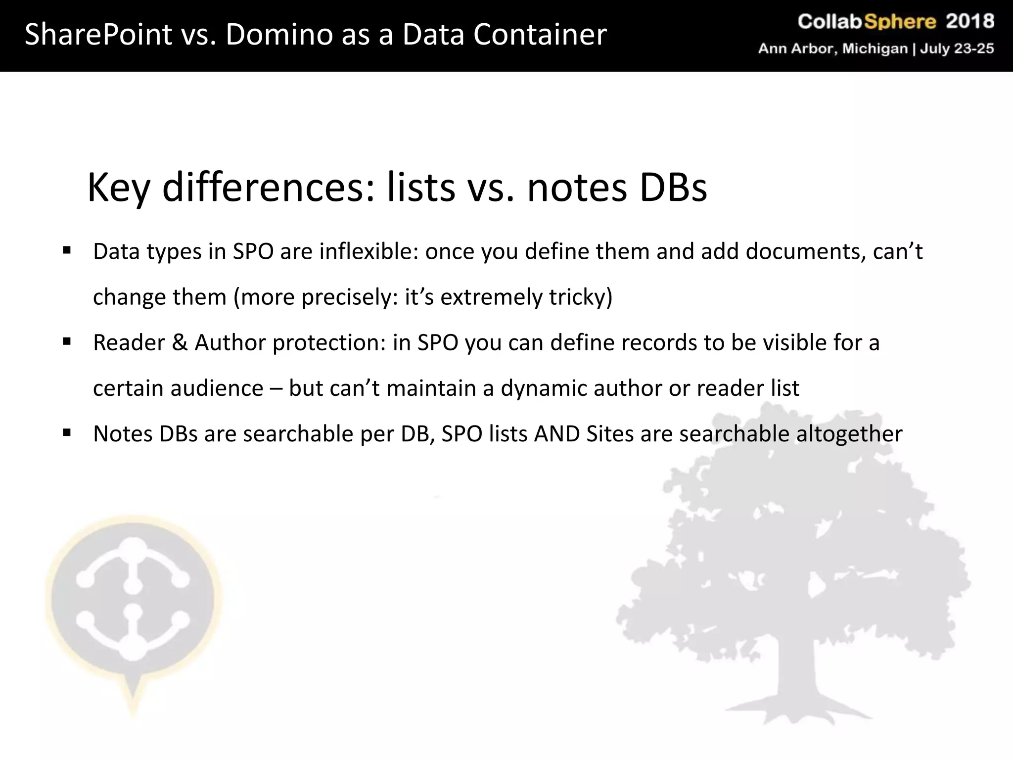 SharePoint vs. Domino as a Data Container
Key differences: lists vs. notes DBs
 Data types in SPO are inflexible: once you define them and add documents, can’t
change them (more precisely: it’s extremely tricky)
 Reader & Author protection: in SPO you can define records to be visible for a
certain audience – but can’t maintain a dynamic author or reader list
 Notes DBs are searchable per DB, SPO lists AND Sites are searchable altogether
 