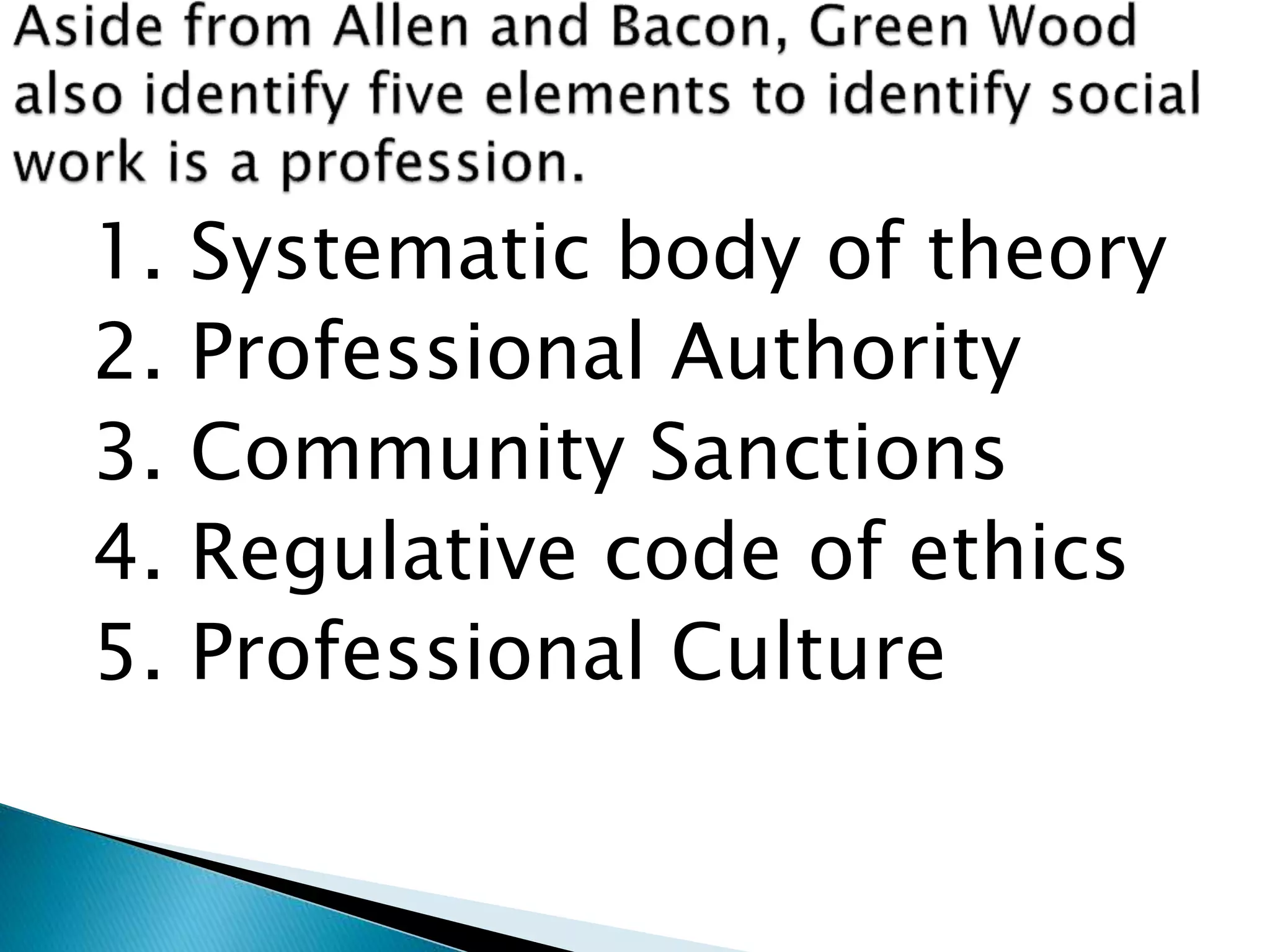 1. Systematic body of theory
2. Professional Authority
3. Community Sanctions
4. Regulative code of ethics
5. Professional Culture
 