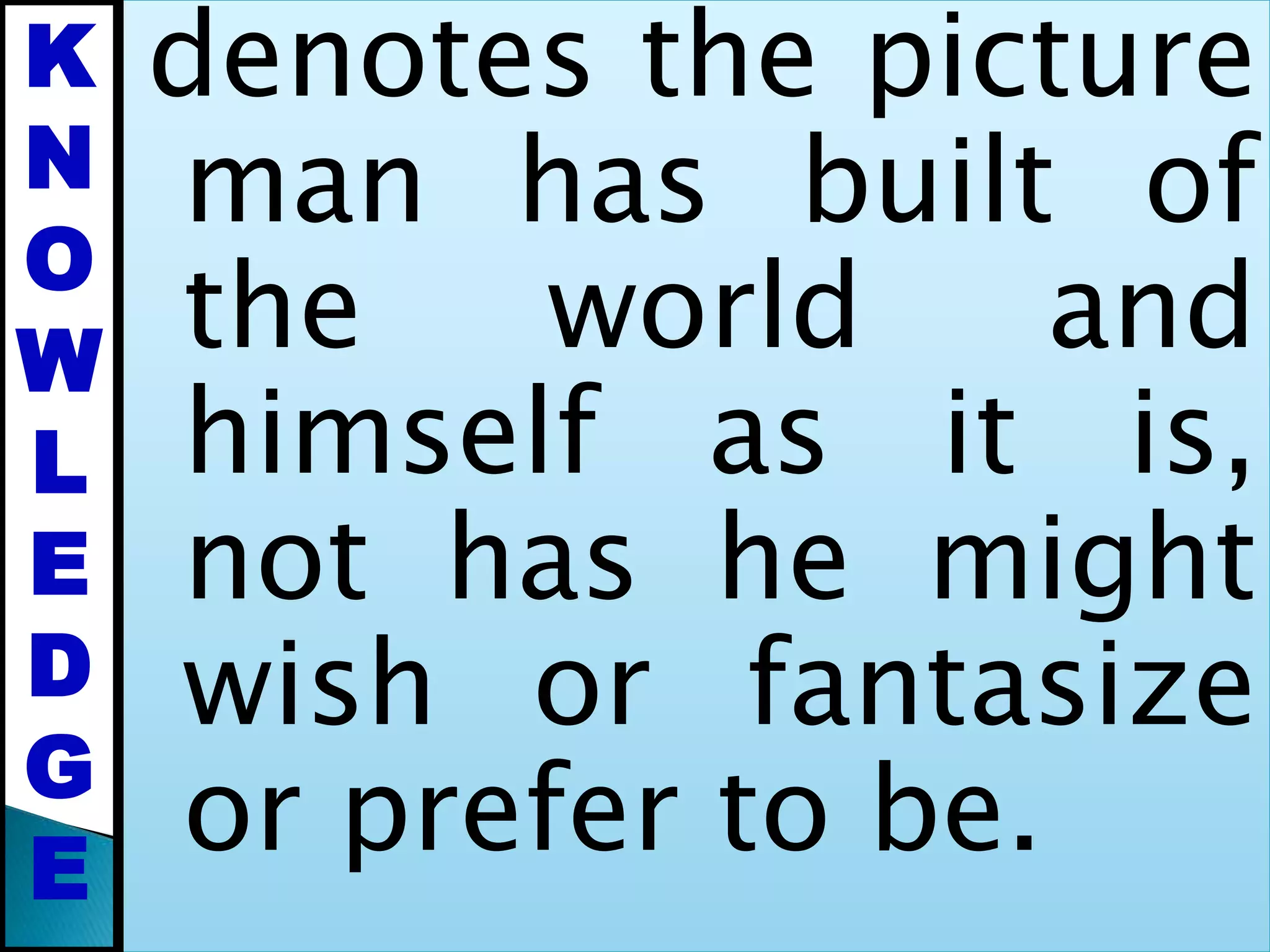 denotes the picture
man has built of
the world and
himself as it is,
not has he might
wish or fantasize
or prefer to be.
K
N
O
W
L
E
D
G
E
 