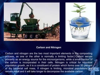 Carbon and Nitrogen
Carbon and nitrogen are the two most important elements in the composting
process, as one or the other is normally a limiting factor. Carbon serves
primarily as an energy source for the microorganisms, while a small fraction of
the carbon is incorporated in their cells. Nitrogen is critical for microbial
population growth, as it is a constituent of protein which forms over 50 percent
of dry bacterial cell mass. If nitrogen is limiting, microbial populations will
remain small and it will take longer to decompose the available carbon.
 