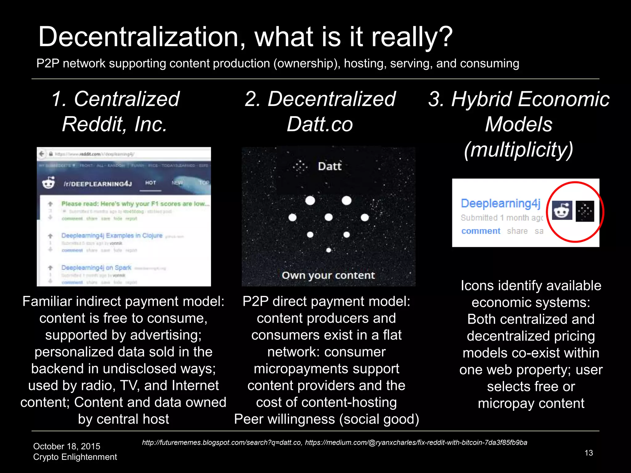 October 18, 2015
Crypto Enlightenment
Decentralization, what is it really?
13
1. Centralized
Reddit, Inc.
2. Decentralized
Datt.co
3. Hybrid Economic
Models
(multiplicity)
http://futurememes.blogspot.com/search?q=datt.co, https://medium.com/@ryanxcharles/fix-reddit-with-bitcoin-7da3f85fb9ba
P2P direct payment model:
content producers and
consumers exist in a flat
network: consumer
micropayments support
content providers and the
cost of content-hosting
Peer willingness (social good)
Familiar indirect payment model:
content is free to consume,
supported by advertising;
personalized data sold in the
backend in undisclosed ways;
used by radio, TV, and Internet
content; Content and data owned
by central host
P2P network supporting content production (ownership), hosting, serving, and consuming
Icons identify available
economic systems:
Both centralized and
decentralized pricing
models co-exist within
one web property; user
selects free or
micropay content
 
