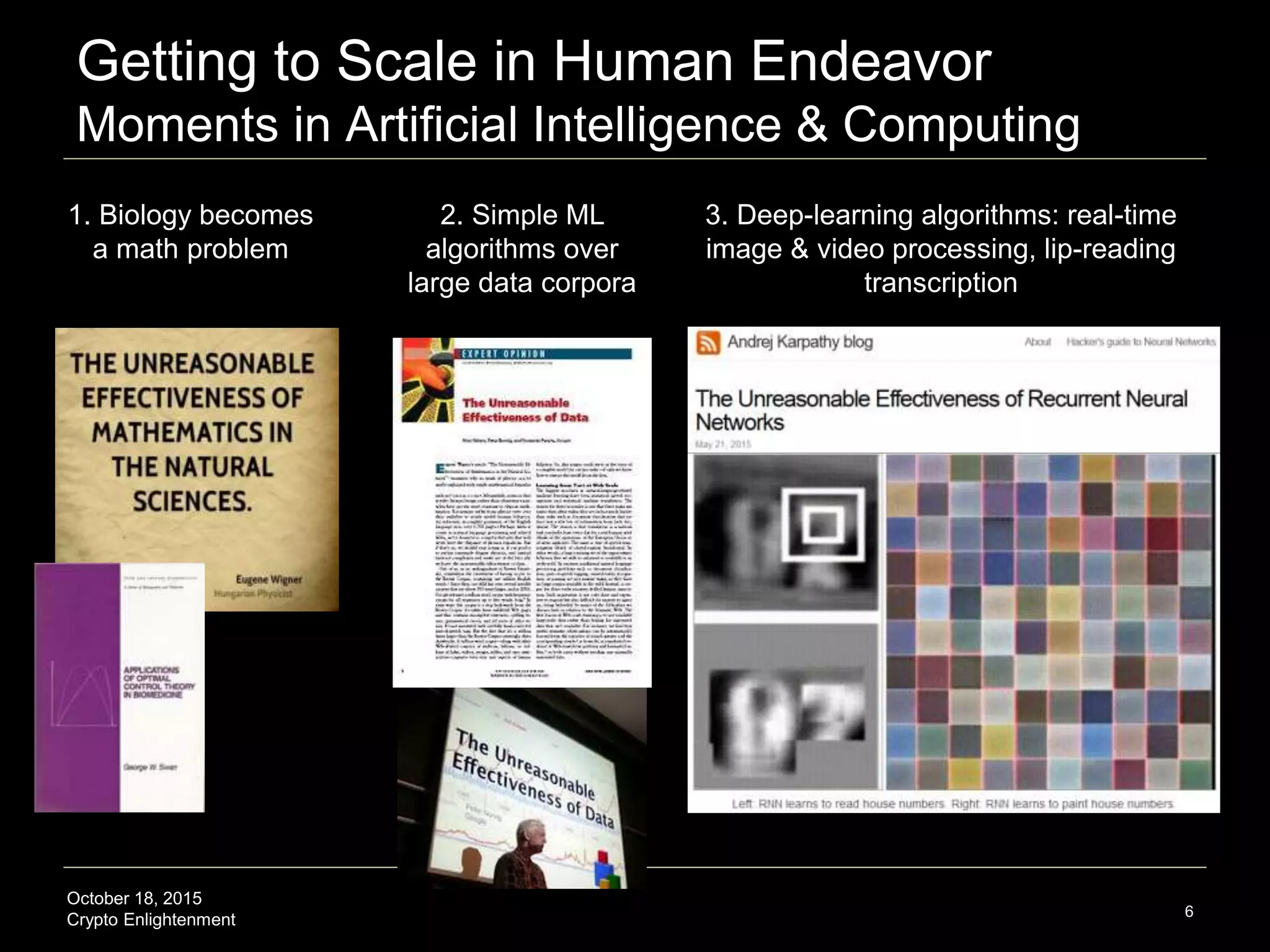 October 18, 2015
Crypto Enlightenment
Getting to Scale in Human Endeavor
Moments in Artificial Intelligence & Computing
6
1. Biology becomes
a math problem
2. Simple ML
algorithms over
large data corpora
3. Deep-learning algorithms: real-time
image & video processing, lip-reading
transcription
 
