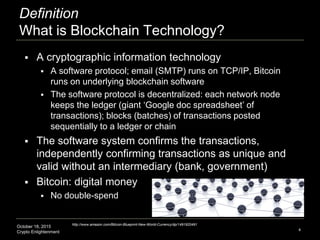 October 18, 2015
Crypto Enlightenment
Definition
What is Blockchain Technology?
4
http://www.amazon.com/Bitcoin-Blueprint-...