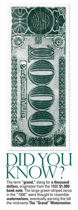 DIDYOU
KNOW?
The term “grand,” slang for a thousand
dollars, originates from the 1890 $1,000
bank note. The large green-striped zeros
in the “1000” were thought to resemble
watermelons, eventually earning the bill
the nickname The “Grand” Watermelon.
 