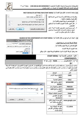|‫حـاسـوب‬ ‫تـطــبـيـقــات‬
‫أساسيات‬
‫تـشـغـيــل‬ ‫أنـظـمـة‬
MS DOS & MS WINDOWS 7
|
‫صفحة‬
1
‫من‬
11
‫اإلنجليزية‬ ‫اللغة‬ ‫قسم‬ / ‫االسنان‬ ‫طب‬ ‫قسم‬
|
‫إعــــداد‬
‫م‬ :
.
‫أ‬
‫حم‬
‫ـ‬
‫رض‬ ‫د‬
‫ـ‬
‫وان‬
‫أبدأ‬ ‫لقائمة‬ ‫االفتراضية‬ ‫اإلعدادات‬ ‫استعادص‬ ]‫[هـ‬
REST DEFAULTS SETTING FOR START MENU
‫ه‬ ‫ررررررداإا‬‫ر‬ ‫رررررر‬‫ر‬‫ل‬ ‫رررررردأ‬‫ر‬‫اب‬ ‫ررررررة‬‫ر‬ ‫قها‬ ‫رررررراأهإل‬‫ر‬‫اق‬ ‫ررررررد‬‫ر‬‫كن‬
‫اضية‬ ‫االفا‬
.
‫ب‬
‫هلخطوات‬
‫الاهلية‬
:
1
.
.‫ابدأ‬ ‫ة‬ ‫والقها‬ ‫ه‬ ‫ال‬ ‫شرهام‬ ‫افائ‬
2
.
‫روم‬‫ر‬‫ف‬ ‫ر‬‫ر‬ ‫ردأ‬‫ر‬‫اب‬ ‫رة‬‫ر‬ ‫القها‬ ‫ررة‬ ‫الالو‬ ‫رة‬‫ر‬‫ال‬ ‫روم‬‫ر‬‫ف‬ ‫ر‬‫ر‬‫انق‬
‫خريم‬
.
1
.
‫ررر‬‫ر‬‫انق‬ "‫رردأ‬‫ر‬‫"اب‬ ‫ررة‬‫ر‬‫القائم‬ ‫رريص‬‫ر‬‫تخص‬ ‫رروار‬‫ر‬‫الح‬ ‫رر‬‫ر‬‫مرب‬ ‫رري‬‫ر‬‫ف‬
‫ررروق‬‫ر‬‫ف‬ ‫رررم‬‫ر‬‫ث‬ ‫رررية‬‫ر‬‫االفتراض‬ ‫ررردادات‬‫ر‬‫اإلع‬ ‫رررتخدام‬‫ر‬‫اس‬ ‫ررروق‬‫ر‬‫ف‬
.‫أخرى‬ ‫مرص‬ ‫موافق‬ ‫فوق‬ ‫انقر‬ ‫ثم‬ ‫موافق‬
:‫أبدأ‬ ‫القائمة‬ ‫خالل‬ ‫من‬ ‫البرامج‬ ‫عن‬ ‫البحث‬ : ]‫[و‬
SEARCH IN THE COMPONENTS OF START MENU
: ‫ه‬ ‫ال‬ ‫ل‬ ‫أإوات‬ ‫طة‬ ‫أ‬ ‫ضهفة‬
1
.
‫ا‬
.‫ابدأ‬ ‫ة‬ ‫والقها‬ ‫ه‬ ‫ال‬ ‫شرهام‬ ‫فائ‬
2
.
‫األإوات‬ ‫طة‬ ‫أ‬ ‫ة‬ ‫الالو‬ ‫حدإ‬
‫األدوات‬ ‫أشرطة‬ ‫وحفز‬ ‫حدد‬
‫المهام‬ ‫لشريط‬ ‫إضافتها‬ ‫المراد‬
-
‫موافق‬ ‫انقر‬
: ‫ثانيا‬
‫ع‬
‫ـ‬
‫ن‬
‫ـ‬
‫اص‬
‫ـ‬
‫ق‬ ‫ر‬
‫ـ‬
‫ائ‬
‫ـ‬
‫م‬
‫ـ‬
‫إب‬ ‫ة‬
‫دا‬
START MENU
COMPONENTS
[
1
]
. . . ‫الـتـشـغـيـــل‬
RUN . . .
:
[
+ ‫إبدا‬ ‫زر‬
R
]
‫المرتبطرررررة‬ ‫الكمبيررررروتر‬ ‫أجهرررررزص‬ ‫عنررررراوين‬ ‫و‬ ‫لفتحهرررررا‬ ‫البررررررامج‬ ‫كأسرررررماء‬ ‫نصرررررية‬ ‫أوامرررررر‬ ‫يسرررررتخدم‬ ‫حررررروار‬ ‫مربررررر‬ ‫وهرررررو‬
‫الشررررربكة‬
‫رررررري‬‫ر‬‫ف‬ ‫التشررررررغيل‬ ‫ررررررر‬‫ر‬‫أوام‬ ‫مررررررن‬ ‫ررررررة‬‫ر‬‫مجموع‬ ‫سرررررررد‬ ‫يمكررررررن‬ ‫و‬ ‫رررررروتر‬‫ر‬‫الكمبي‬ ‫تشررررررغيل‬ ‫رررررراف‬‫ر‬‫كإيق‬ ‫أخرررررررى‬ ‫ررررررر‬‫ر‬‫أوام‬ ‫و‬ ‫إليهررررررا‬ ‫للوصررررررول‬
‫التالي‬ ‫الجدول‬
‫األمر‬
‫الوصف‬
CMD
‫األوامر‬ ‫موجة‬ ‫لتشغيل‬
DOS
CALC
‫الحاسبة‬ ‫لتشغيل‬
WINWORD
‫برنامج‬ ‫تشغيل‬
MS
WORD
PBRUSH
‫الرسام‬ ‫برنامج‬ ‫تشغيل‬
CLEANMGR
‫برنامج‬ ‫تشغيل‬
‫تنظيف‬
‫القرص‬
TEMP
‫المؤقتة‬ ‫للملفات‬ ‫الوصول‬
C:
‫األقراص‬ ‫أحد‬ ‫فتج‬
C,D,E,F)
)
www.google.com
‫البحث‬ ‫محرك‬ ‫فتج‬
‫فتج‬ (
‫اسم‬ ‫بكتابة‬ ‫ويب‬ ‫موق‬
) ‫الموق‬
C: JAVA
‫بعد‬ ‫المجلدات‬ ‫أحد‬ ‫فتج‬
‫األقراص‬ ‫في‬ ‫موقعة‬ ‫تحديد‬
(
C,D ,E,F
)
 
