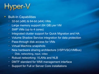 Hyper-VDriversDriversDriversDriversDriversDriversDriversDriversDriversDriversDriversDriversMonolithic vs. MicrokernelizedMonolithic hypervisorSimpler than a modern kernel, but still complexContains its own drivers modelMicrokernelized hypervisorSimple partitioning functionalityIncrease reliability and minimize TCBNo third-party codeDrivers run within guestsVM 1(Admin)VM 2VM 3VM 2(“Child”)VM 3(“Child”)VM 1(“Parent”)Virtual-izationStackHypervisorHypervisorHardwareHardware