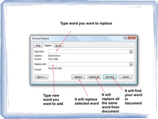 Type word you want to replace
Type new
word you
want to add
It will replace
selected word
It will
replace all
the same
word from
document
It will find
your word
in
document
 