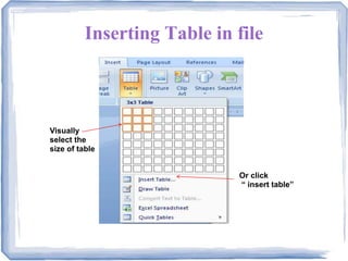 Inserting Table in file
Visually
select the
size of table
Or click
“ insert table”
 
