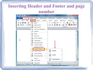 Inserting Header and Footer and page
number
 