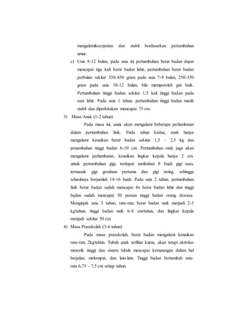 mengalamikecepatan dan stabil berdasarkan pertambahan
umur.
c) Usia 8-12 bulan, pada usia ini pertumbuhan berat badan dapat
mencapai tiga kali berat badan lahir, pertambahan berat badan
perbulan sekitar 350-450 gram pada usia 7-9 bulan, 250-350
gram pada usia 10-12 bulan, bila memperoleh gizi baik.
Pertumbuhan tinggi badan sekitar 1,5 kali tinggi badan pada
saat lahir. Pada usia 1 tahun, pertambahan tinggi badan masih
stabil dan diperkirakan mencapai 75 cm.
3) Masa Anak (1-2 tahun)
Pada masa ini, anak akan mengalami beberapa perlambatan
dalam pertumbuhan fisik. Pada tahun kedua, anak hanya
mengalami kenaikan berat badan sekitar 1,5 – 2,5 kg dan
penambahan tinggi badan 6-10 cm. Pertumbuhan otak juga akan
mengalami perlambatan, kenaikan lingkar kepala hanya 2 cm.
untuk pertumbuhan gigi, terdapat tambahan 8 buah gigi susu,
termasuk gigi geraham pertama dan gigi taring, sehingga
seluruhnya berjumlah 14-16 buah. Pada usia 2 tahun, pertumbuhan
fisik berat badan sudah mencapai 4x berat badan lahir dan tinggi
badan sudah mencapai 50 persen tinggi badan orang dewasa.
Menginjak usia 3 tahun, rata-rata berat badan naik menjadi 2-3
kg/tahun, tinggi badan naik 6-8 cm/tahun, dan lingkar kepala
menjadi sekitar 50 cm.
4) Masa Prasekolah (3-6 tahun)
Pada masa prasekolah, berat badan mengalami kenaikan
rata-rata 2kg/tahun. Tubuh anak terlihat kurus, akan tetapi aktivitas
motorik tinggi dan sistem tubuh mencapai kematangan dalam hal
berjalan, melompat, dan lain-lain. Tinggi badan bertambah rata-
rata 6,75 – 7,5 cm setiap tahun.
 