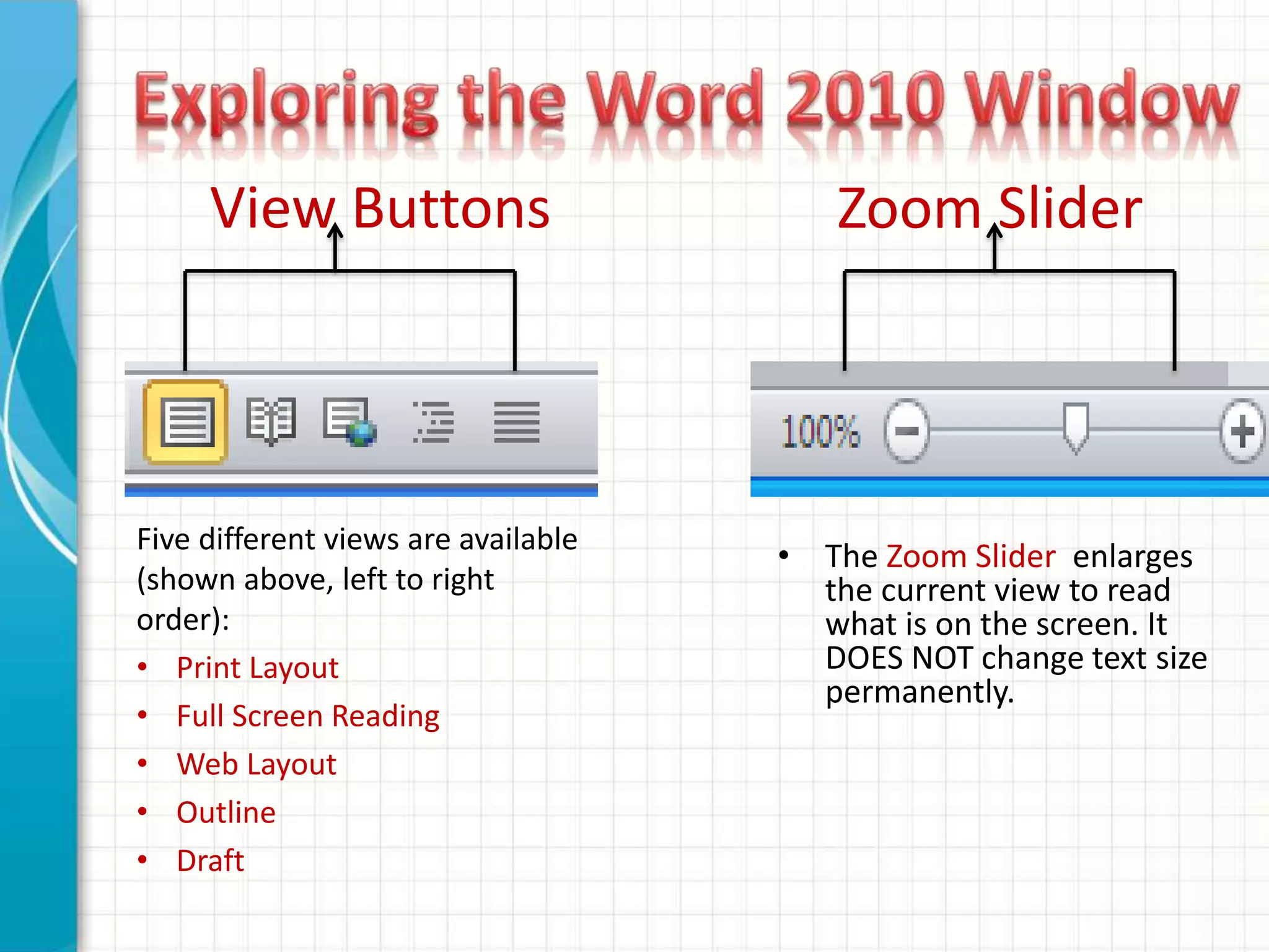 View Buttons
Five different views are available
(shown above, left to right
order):
• Print Layout
• Full Screen Reading
• Web Layout
• Outline
• Draft
• The Zoom Slider enlarges
the current view to read
what is on the screen. It
DOES NOT change text size
permanently.
Zoom Slider
 