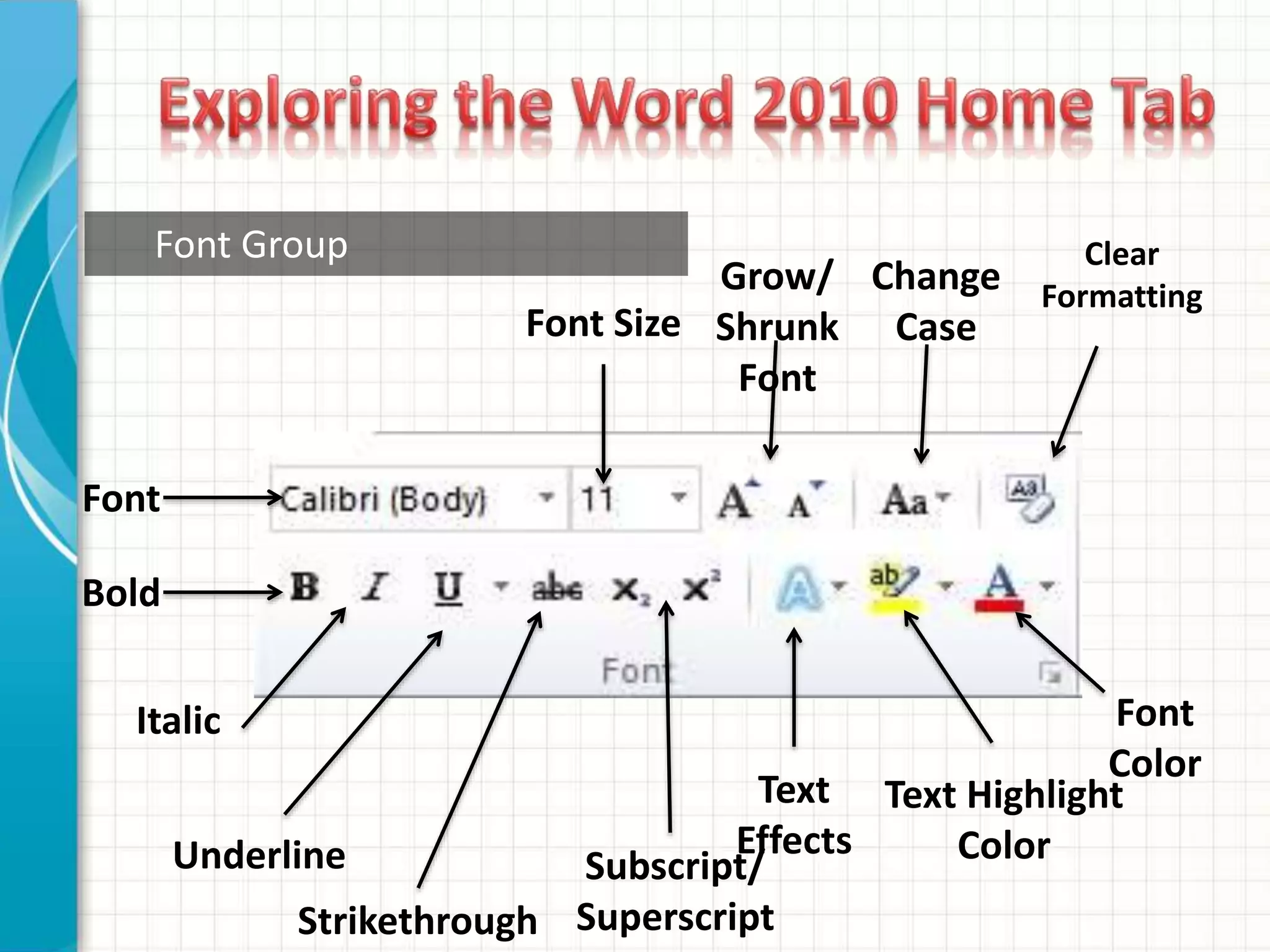Font Group
Font
Bold
Italic
Underline
Strikethrough
Subscript/
Superscript
Text
Effects
Text Highlight
Color
Font
Color
Clear
Formatting
Change
Case
Grow/
Shrunk
Font
Font Size
 