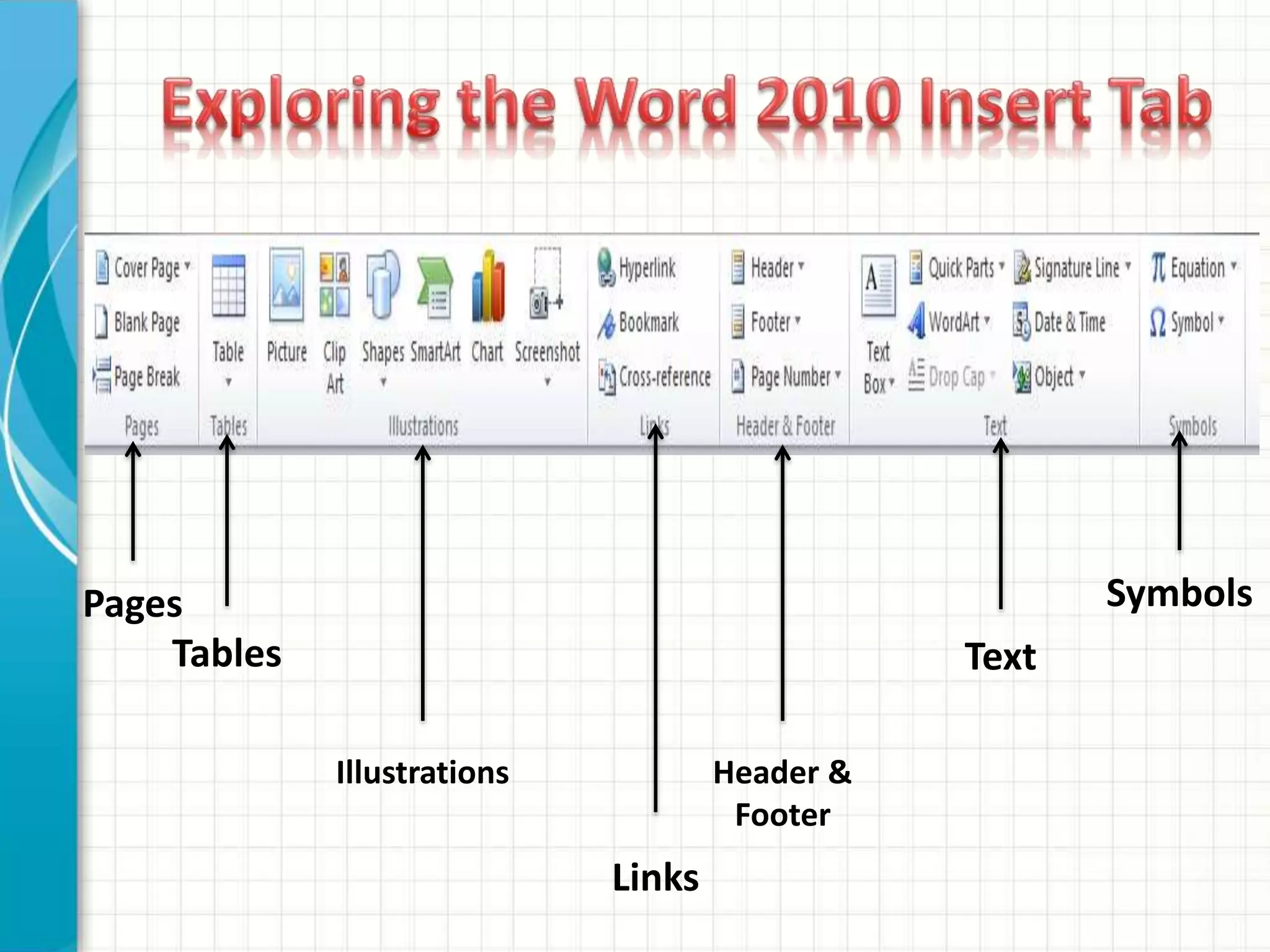 Pages
Tables
Illustrations
Links
Header &
Footer
Text
Symbols
 