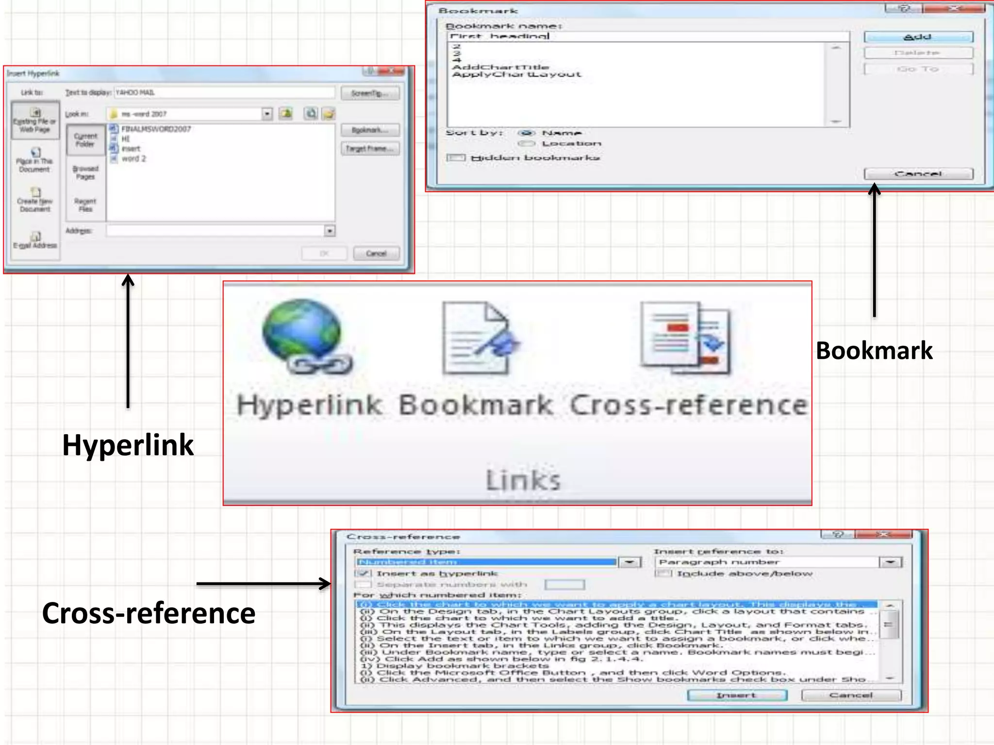 Cross-reference
Bookmark
Hyperlink
 
