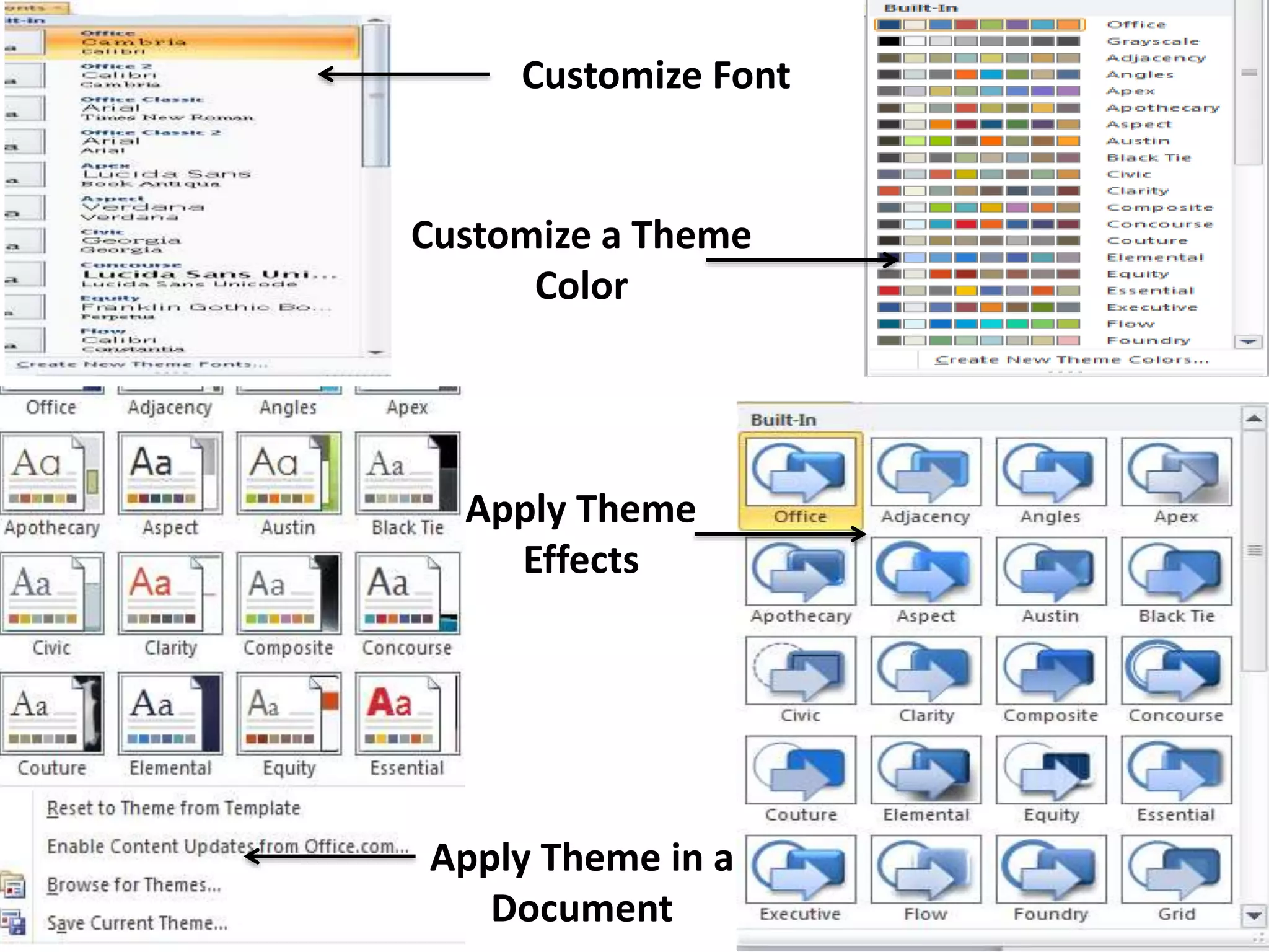 Customize Font
Customize a Theme
Color
Apply Theme
Effects
Apply Theme in a
Document
 